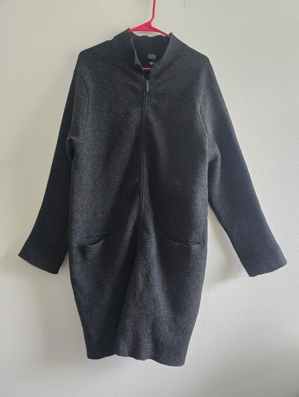 EILEEN FISHER Boiled Wool Full-Zip Stand Collar Long Coat Cardigan Jacket Gray - Picture 2 of 13